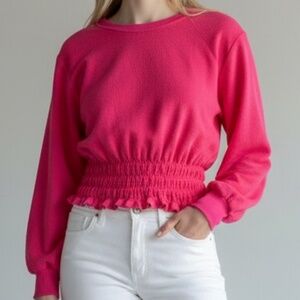Maeve by Anthropologie Smocked Cropped Sweater Hot Pink SZ XS Barbie Romantic